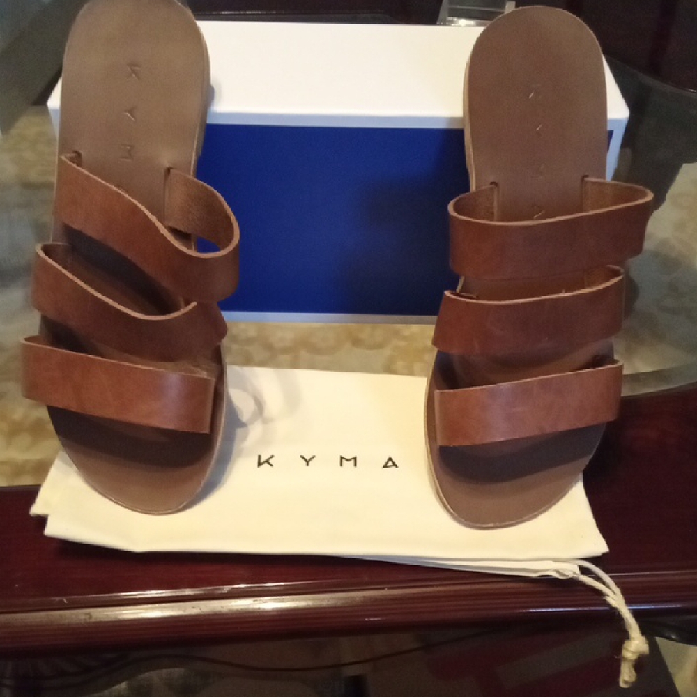 KYMA Brown Leather Triple-Strap Slide Sandals